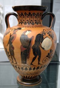 Persephone supervising Sisyphus in the Underworld, Attic black-figure amphora, ca. 530 BC.